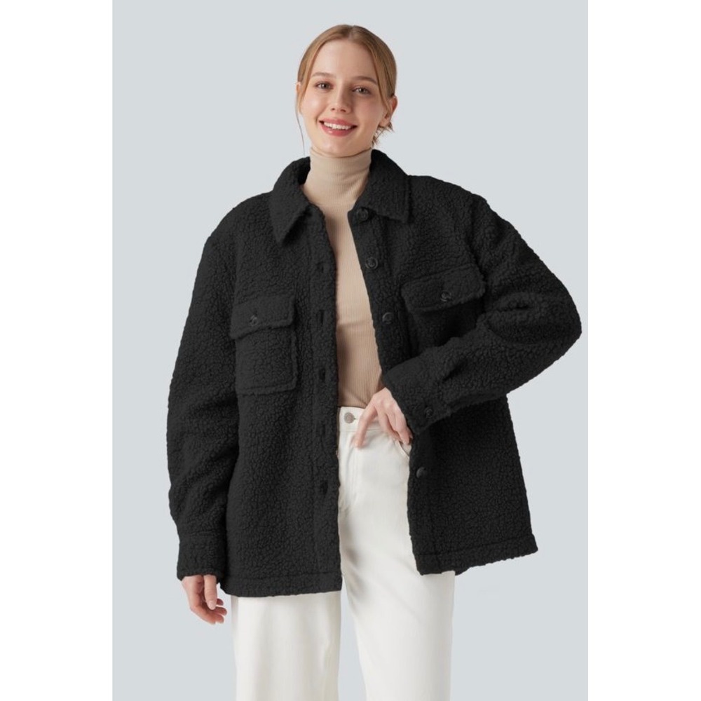 Halara Black Teddy Fleece Shacket Oversized Button Front Jacket Womens XS